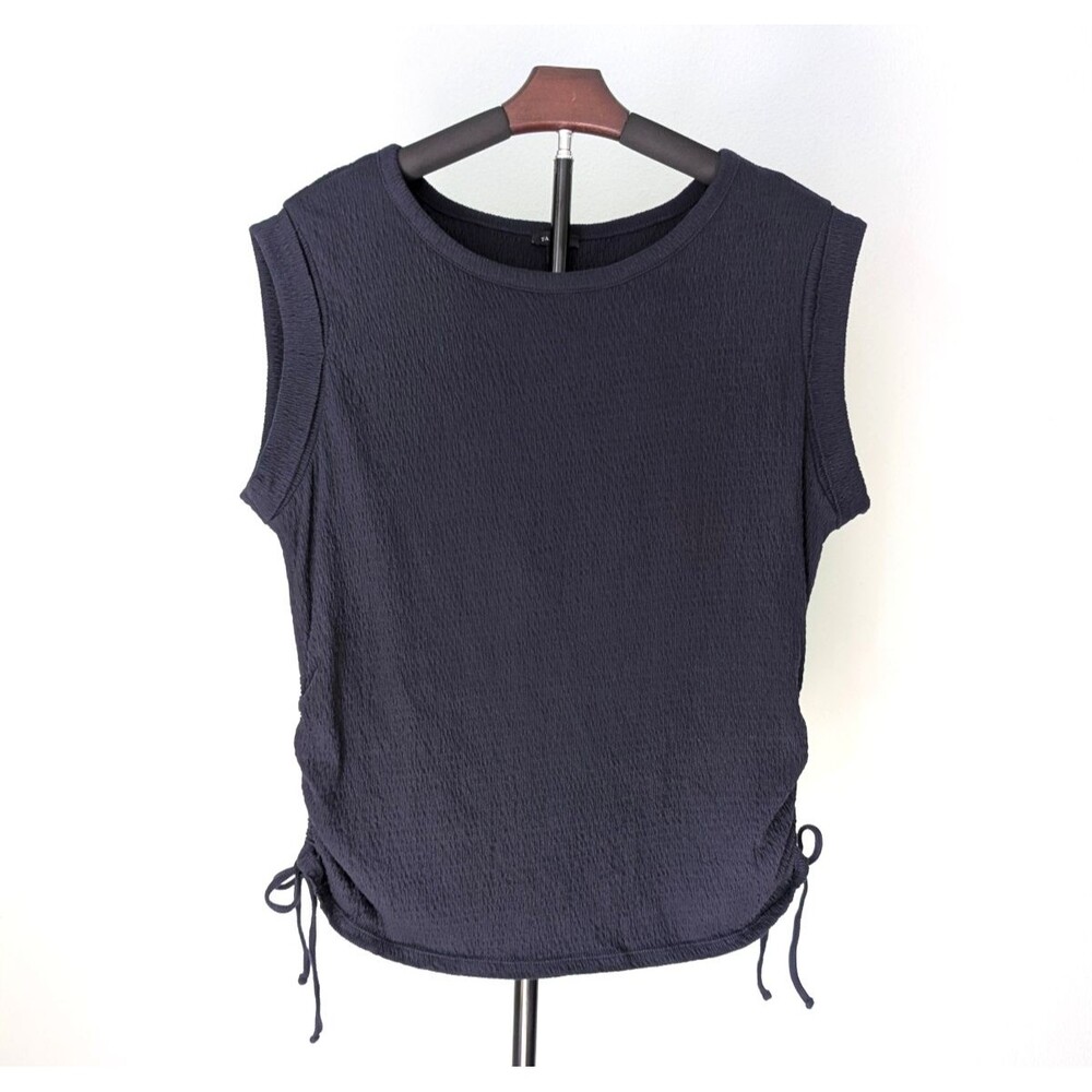Talbots Sleeveless Navy Ruched Side Tie Crinkle Knit Top Nautical Preppy Size L